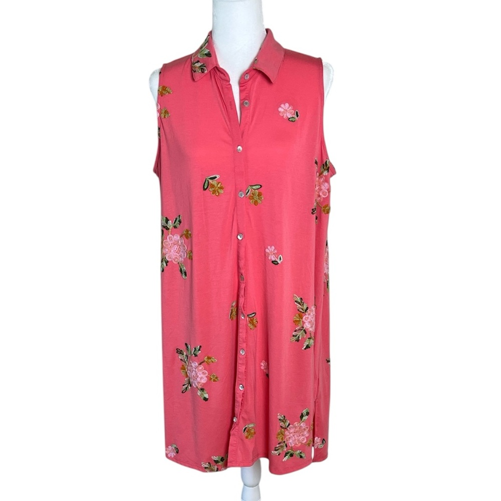 Figueroa & Flower Collared Embroidered Button Front Dress Sz L
